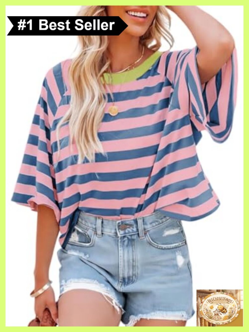 Women's Striped V-Neck Short Sleeve Loose Fit Crop Top Summer Tee